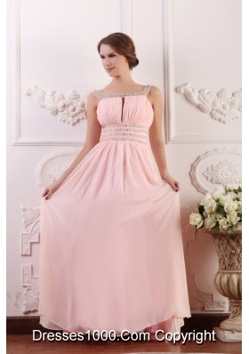 Empire Scoop Baby Pink Prom Gown with Beading and Ruching