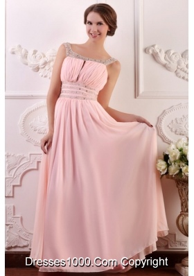 Empire Scoop Baby Pink Prom Gown with Beading and Ruching