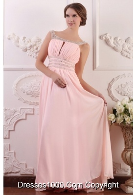 Empire Scoop Baby Pink Prom Gown with Beading and Ruching