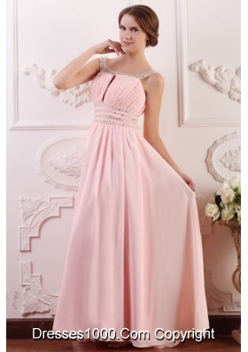 Empire Scoop Baby Pink Prom Gown with Beading and Ruching