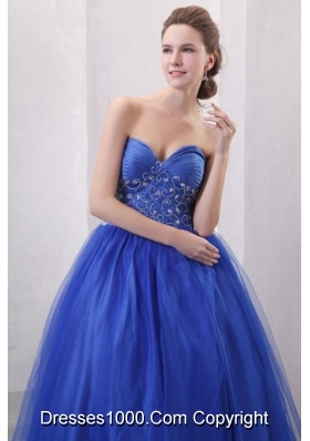 Diamonds and Ruching Blue Tulle Dress for Quince with Puffy Skirt