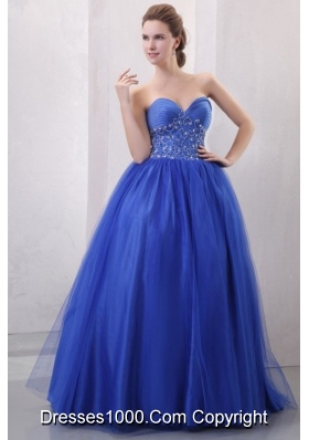 Diamonds and Ruching Blue Tulle Dress for Quince with Puffy Skirt