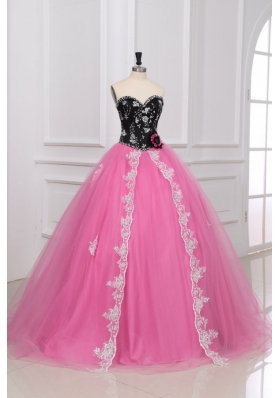 Pick and Black Quinceanera Dresses with Beading and Lace Flower