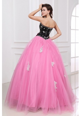 Pick and Black Quinceanera Dresses with Beading and Lace Flower