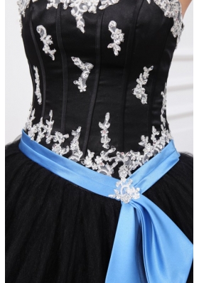 Black Ball Gown Sweet 15 Dress with Appliques and Blue Bowknot