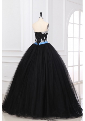 Black Ball Gown Sweet 15 Dress with Appliques and Blue Bowknot