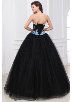 Black Ball Gown Sweet 15 Dress with Appliques and Blue Bowknot