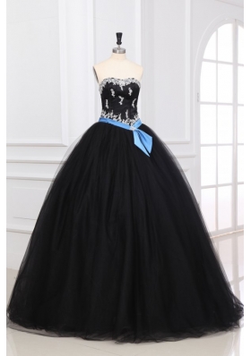 Black Ball Gown Sweet 15 Dress with Appliques and Blue Bowknot