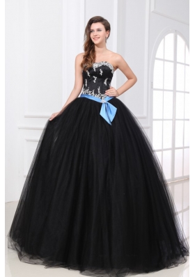 Black Ball Gown Sweet 15 Dress with Appliques and Blue Bowknot
