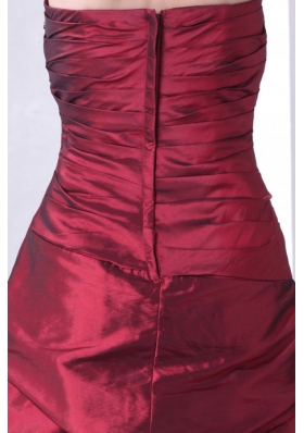 Strapless Burgundy Knee-length Prom Gown with Beading and Pick-ups