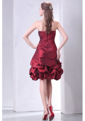 Strapless Burgundy Knee-length Prom Gown with Beading and Pick-ups