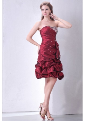 Strapless Burgundy Knee-length Prom Gown with Beading and Pick-ups