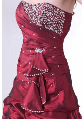 Strapless Burgundy Knee-length Prom Gown with Beading and Pick-ups