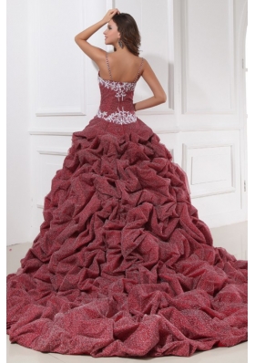 Spaghetti Straps Pick Ups and Appliques Wine Quinceanera Gown