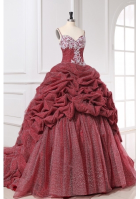 Spaghetti Straps Pick Ups and Appliques Wine Quinceanera Gown