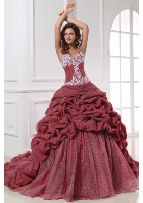 Spaghetti Straps Pick Ups and Appliques Wine Quinceanera Gown