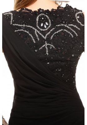 Most Popular Black Bateau Lace Beading and Ruching Prom Dresses