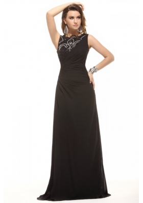 Most Popular Black Bateau Lace Beading and Ruching Prom Dresses
