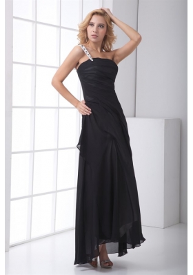 Black Column One Shoulder Ruched Ankle-length Chiffon Prom Dress