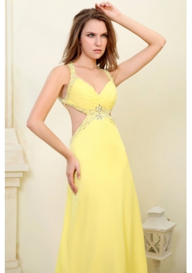 Column Straps Light Yellow Chiffon Dress for Prom with Cut-out