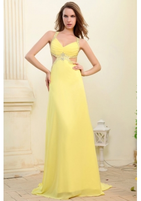 Column Straps Light Yellow Chiffon Dress for Prom with Cut-out