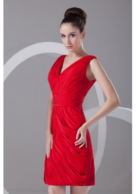 Mini-length Column V-neck Strapless Red Chiffon Formal Prom Dress