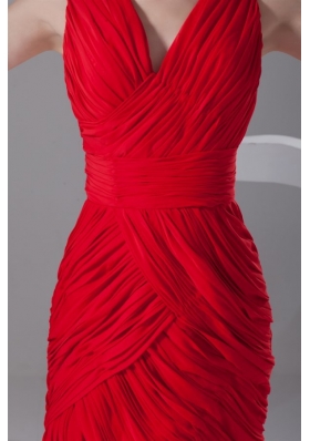 Mini-length Column V-neck Strapless Red Chiffon Formal Prom Dress