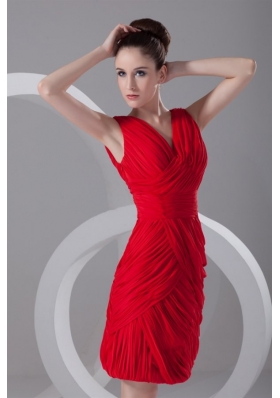 Mini-length Column V-neck Strapless Red Chiffon Formal Prom Dress