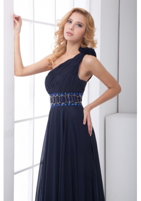Clearance Empire One shoulder Chiffon Beaded Navy Blue Prom Gown