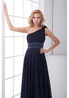 Clearance Empire One shoulder Chiffon Beaded Navy Blue Prom Gown