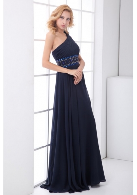 Clearance Empire One shoulder Chiffon Beaded Navy Blue Prom Gown