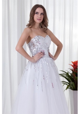 Glittering Sweetheart Sequin and Tulle Long White Prom Dress