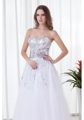 Glittering Sweetheart Sequin and Tulle Long White Prom Dress