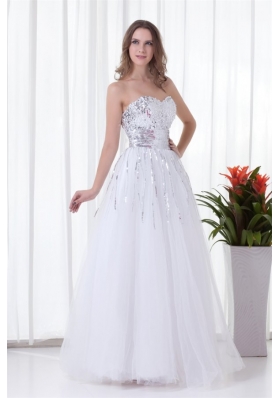 Glittering Sweetheart Sequin and Tulle Long White Prom Dress