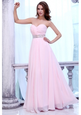 Elegant Baby Pink Sweetheart Beaded and Ruched Chiffon Prom Dress