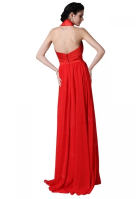 2014 Most Popular Red Halter Top Chiffon Prom Dresses with Ruching