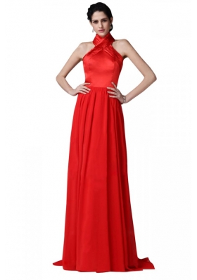 2014 Most Popular Red Halter Top Chiffon Prom Dresses with Ruching