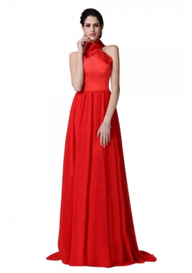 2014 Most Popular Red Halter Top Chiffon Prom Dresses with Ruching