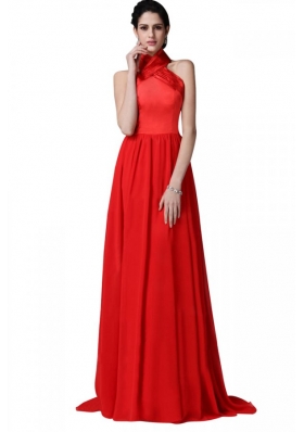 2014 Most Popular Red Halter Top Chiffon Prom Dresses with Ruching