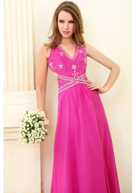 Sexy Hot Pink Empire V-neck Beaded Chiffon Prom Dress for Girls