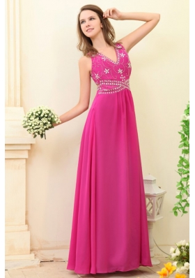 Sexy Hot Pink Empire V-neck Beaded Chiffon Prom Dress for Girls