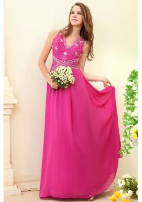 Sexy Hot Pink Empire V-neck Beaded Chiffon Prom Dress for Girls