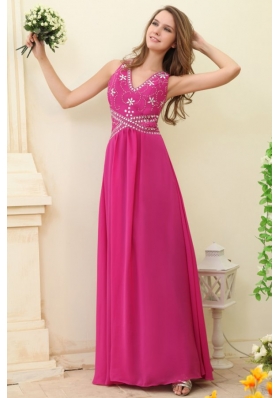 Sexy Hot Pink Empire V-neck Beaded Chiffon Prom Dress for Girls