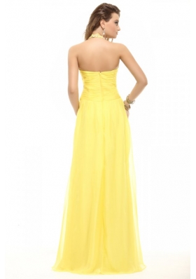 Empire Light Yellow Halter Top Beading Chiffon Prom Dress with Slit