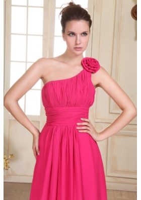 Hot Pink One Shoulder Formal Evening Dress with Hand Made Flower