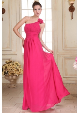 Hot Pink One Shoulder Formal Evening Dress with Hand Made Flower