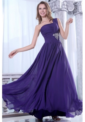 Affordable One Shoulder Chiffon Beaded Plus Size Purple Prom Dress