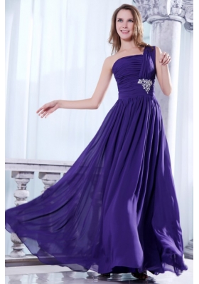 Affordable One Shoulder Chiffon Beaded Plus Size Purple Prom Dress