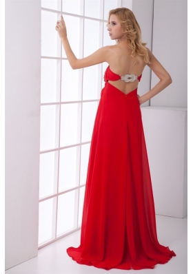 Red Empire Sweetheart Ruched Backless Prom Dress with Beading