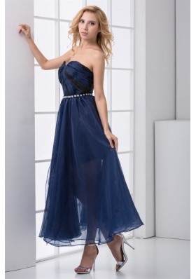 Navy Blue Empire Sweetheart Ruched Ankle-length Chiffon Prom Dress